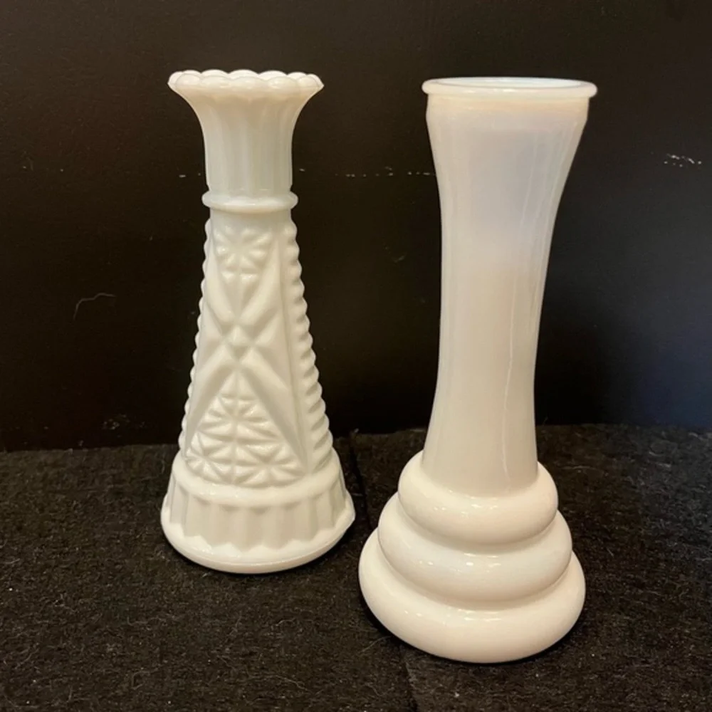 Vintage White Milk Glass 6” Bud Vase Set of Two - Picture 3 of 8